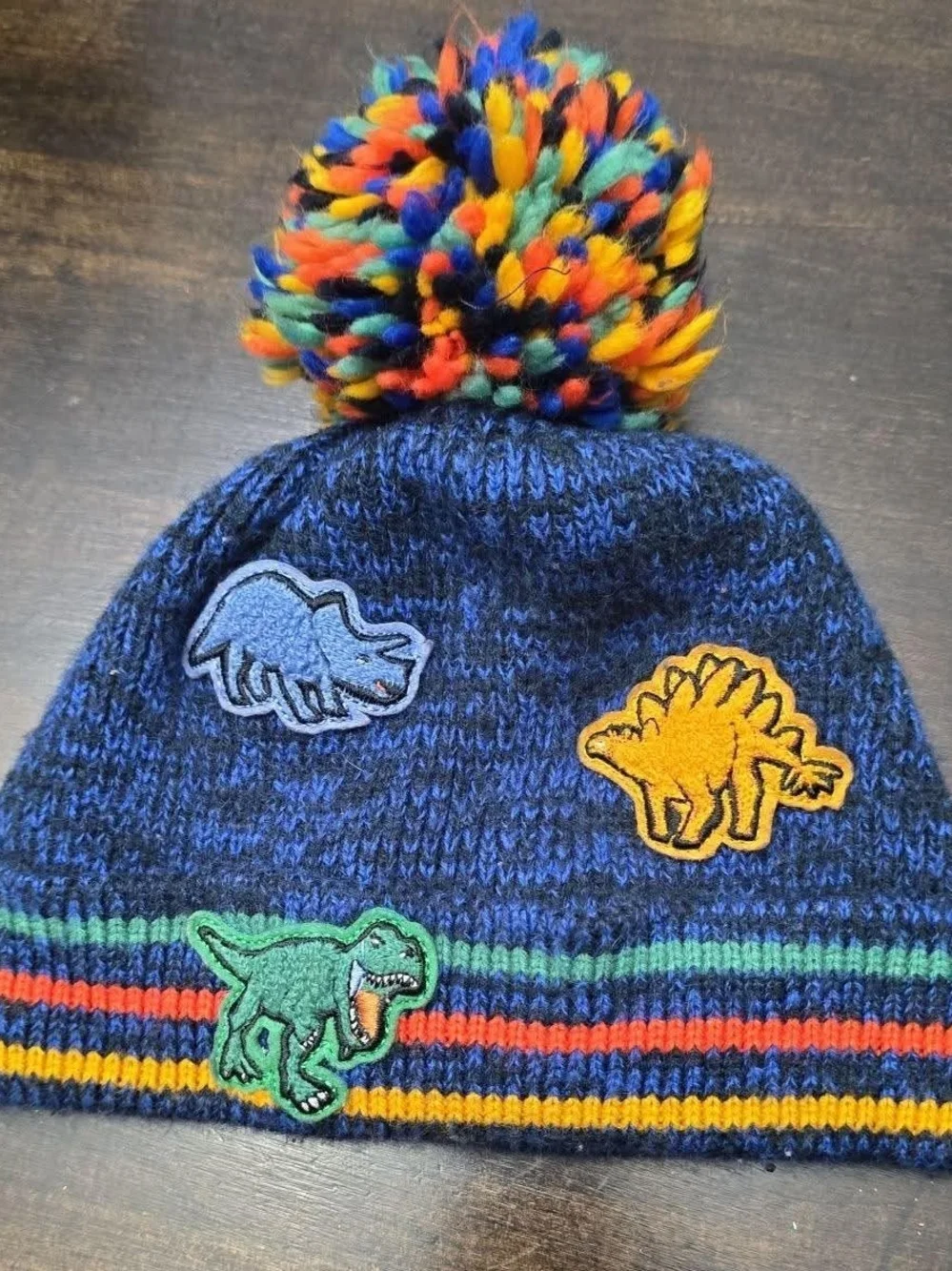 The Children's Place Navy Blue Dinosaur Pom-Pom Knit Hat with Multicolor Stripes